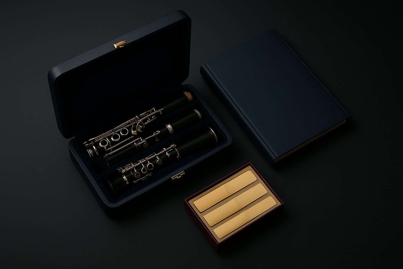 Open clarinet case beside boxed saxophone reeds and a music folder