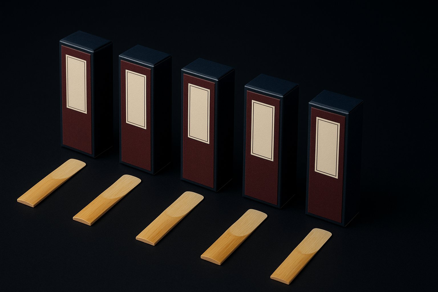 A labelled line-up of saxophone reed boxes