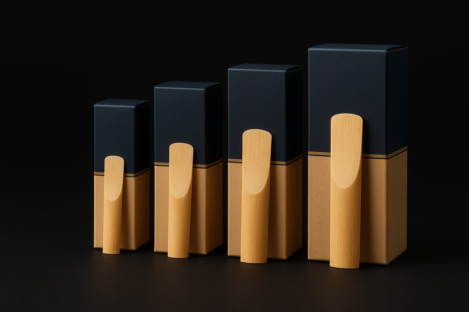 Saxophone reed boxes arranged by instrument family